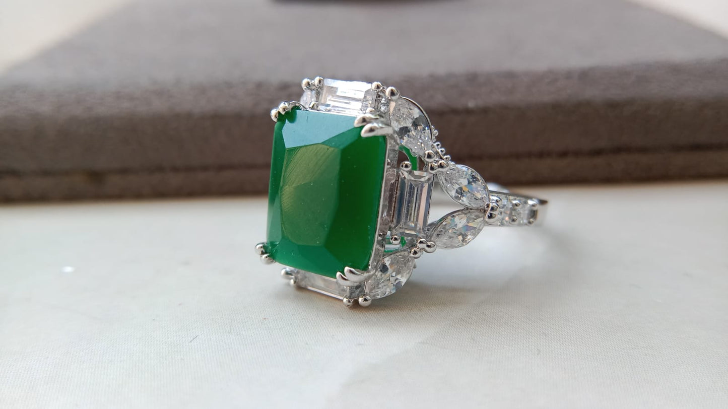 Luxury Emerald-Cut Statement Ring Collection for Women | Silver Finish CZ Cocktail Rings | Ruby Red, Emerald Green, Sapphire Blue & Champagne Stone