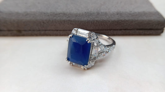 Luxury Emerald-Cut Statement Ring Collection for Women | Silver Finish CZ Cocktail Rings | Ruby Red, Emerald Green, Sapphire Blue & Champagne Stone