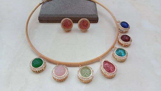 Carved Multicolour Stone Charm Necklace Set with AD Detailing