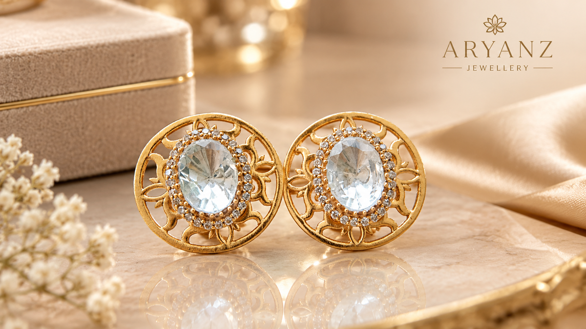 Gold Tone Filigree Polki Statement Stud Earrings