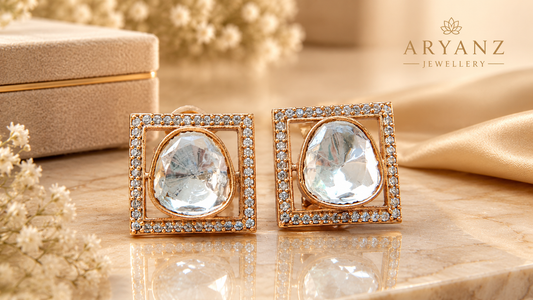 Gold-Tone Square Statement Earrings with Clear Stones