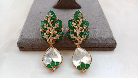 Carved Earrings with Polki Stone Drop & Gold Plating
