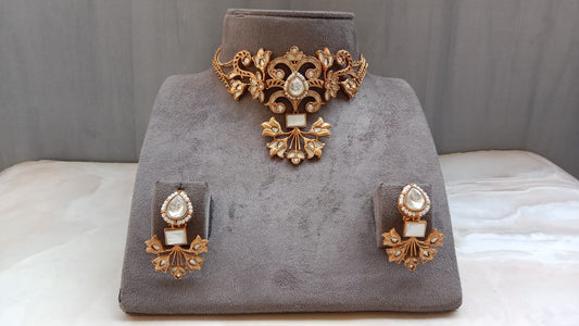 Elegant Polki Diamond Jewelry Set with Floral & Leaf Design | Gold Plated