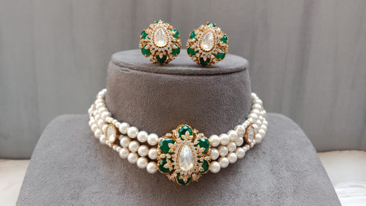 Carved Green Choker Set with Polki Diamond Stones & Pearl Strings