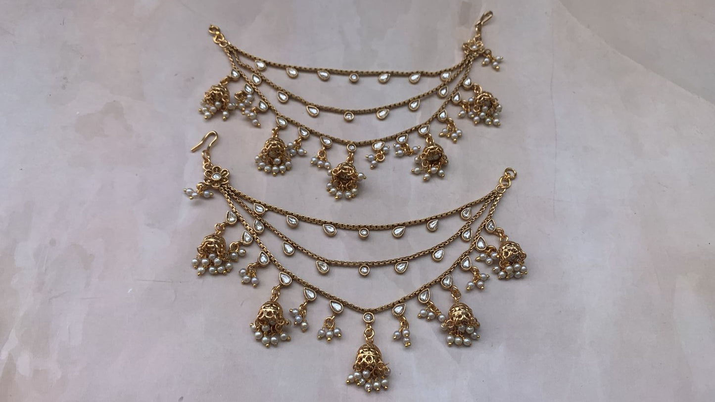 Layered Ear Chain with Jhumki & Drop Stone Kundan Work