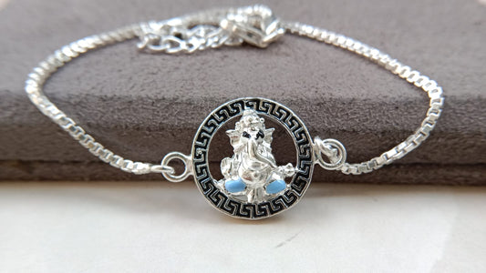 925 Pure Silver Ganesh Ji Rakhi (Blue)
