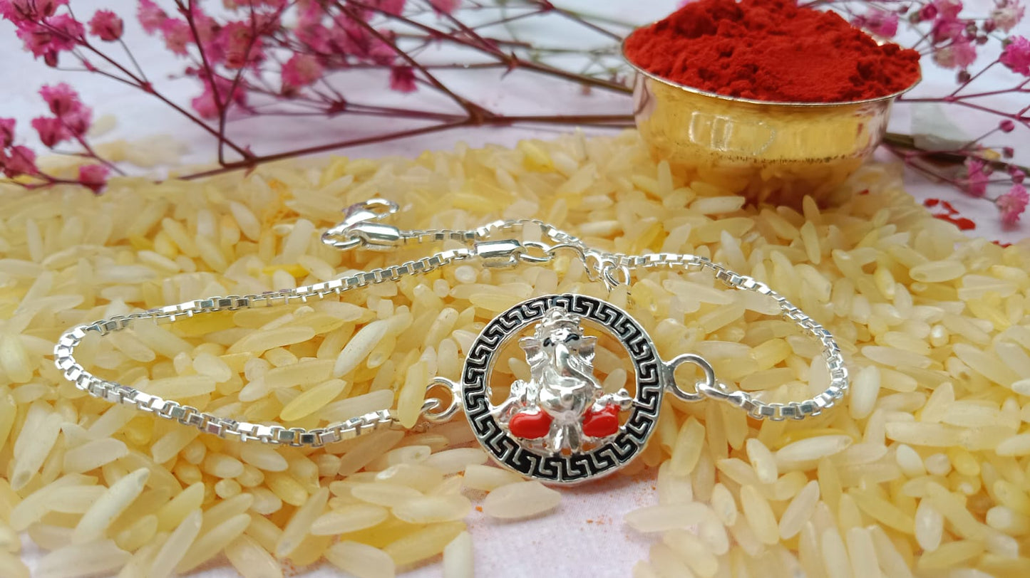 925 Pure Silver Ganesh Ji Rakhi (Orange)