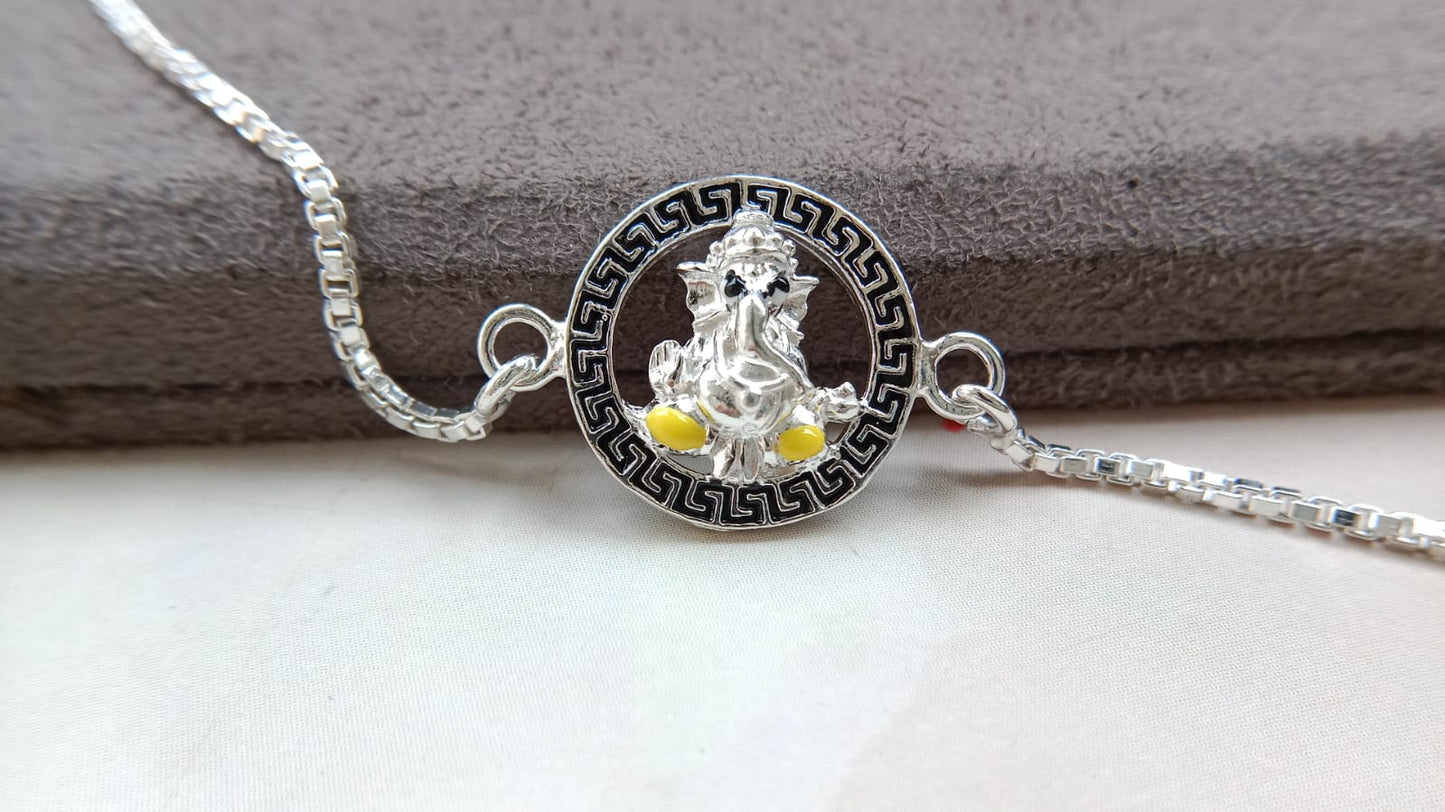 925 Pure Silver Ganesh Ji Rakhi (Yellow)