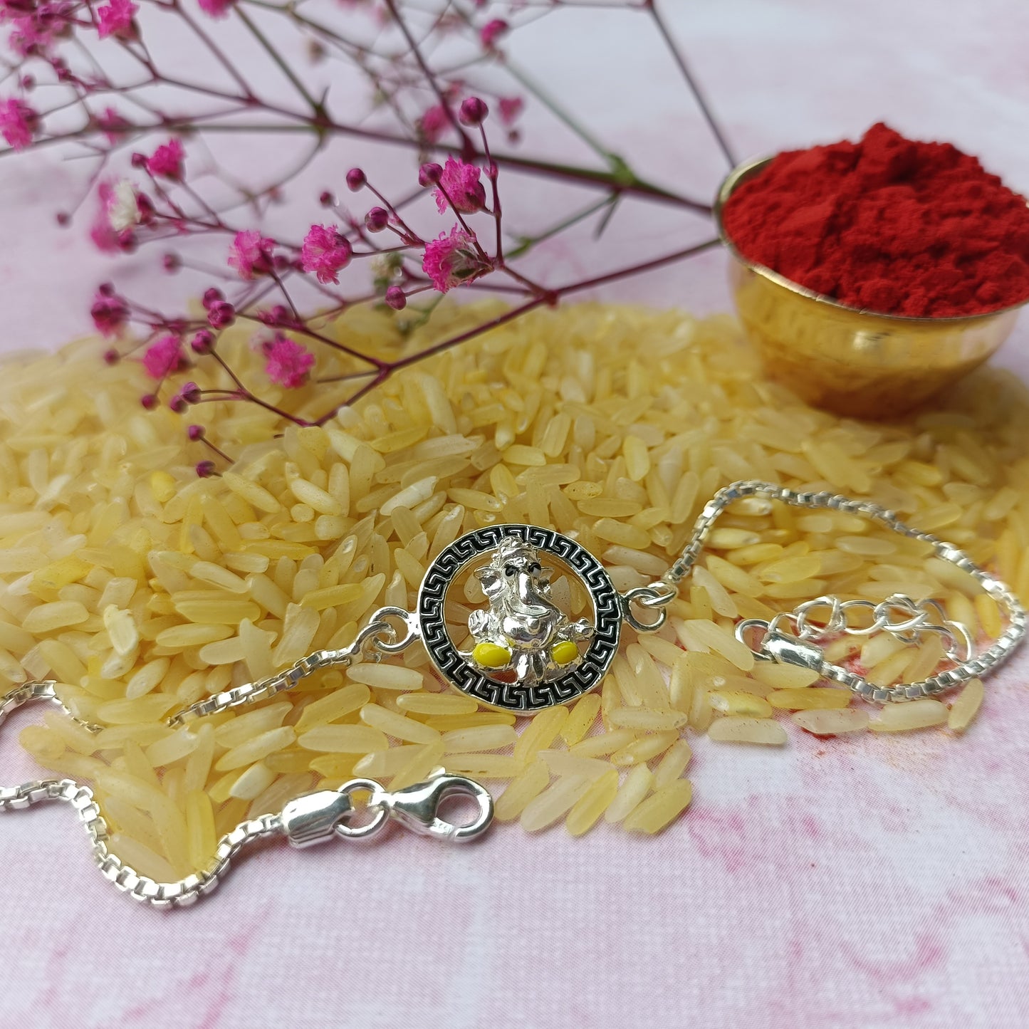 925 Pure Silver Ganesh Ji Rakhi (Yellow)