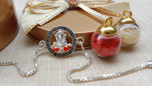 925 Pure Silver Ganesh Ji Rakhi (Orange)