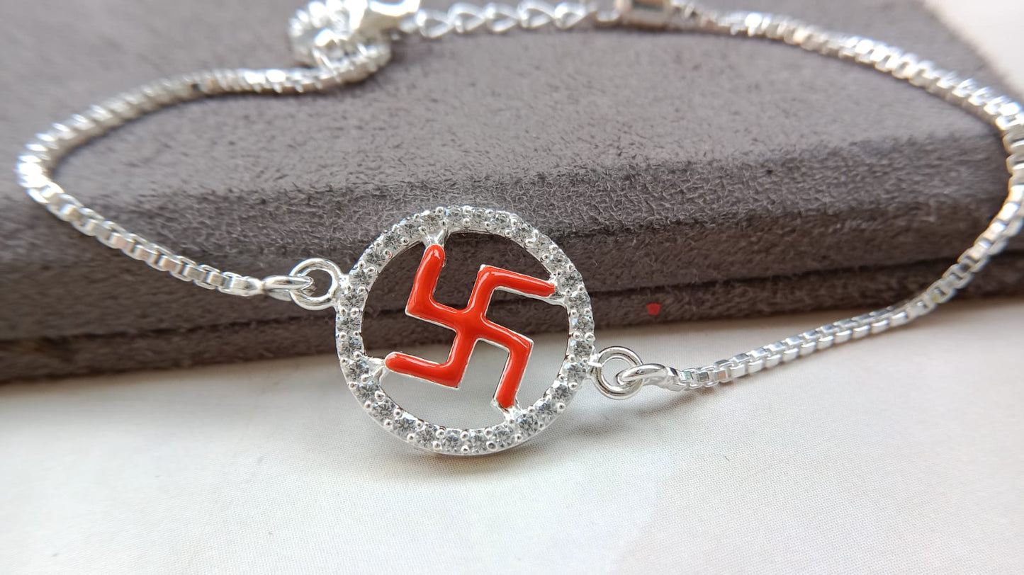 925 Pure Silver Enamel Swastik Rakhi