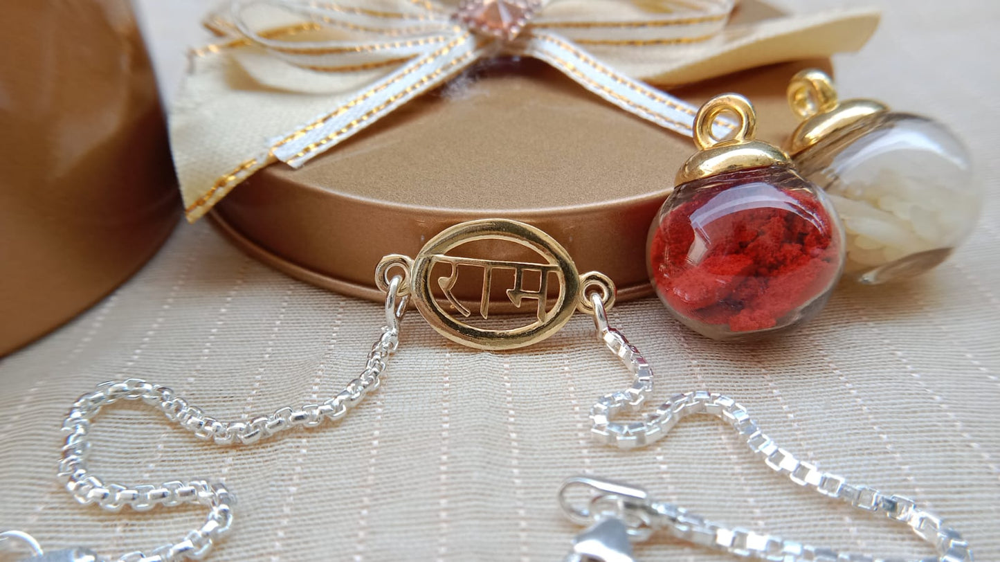 925 Pure Silver "Ram" Rakhi with Elegant Gold-Tone and  Silver Chain