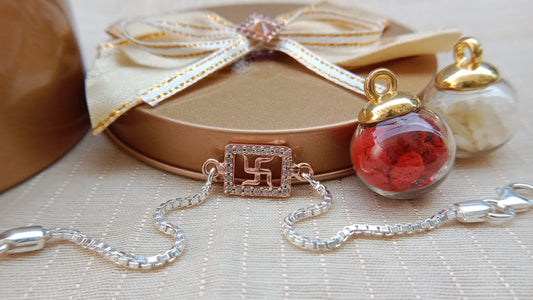 Premium 925 Silver Swastik Rakhi with Rose Gold Tone and silver chain [kids]
