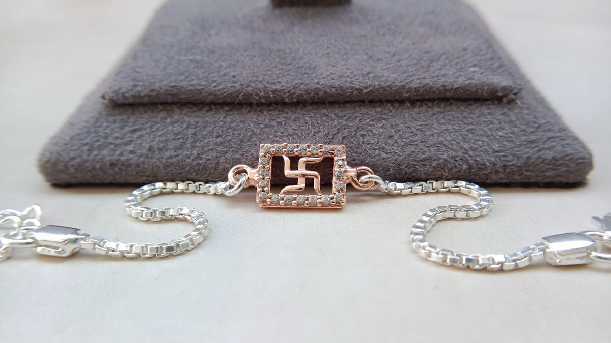 Premium 925 Silver Swastik Rakhi with Rose Gold Tone and silver chain [kids]