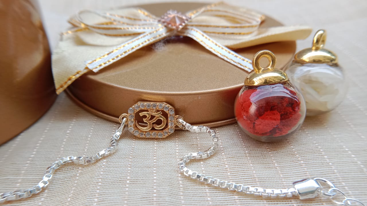 Om Rakhi with Sparkling Stone Border & Silver-Tone Chain ( kids )