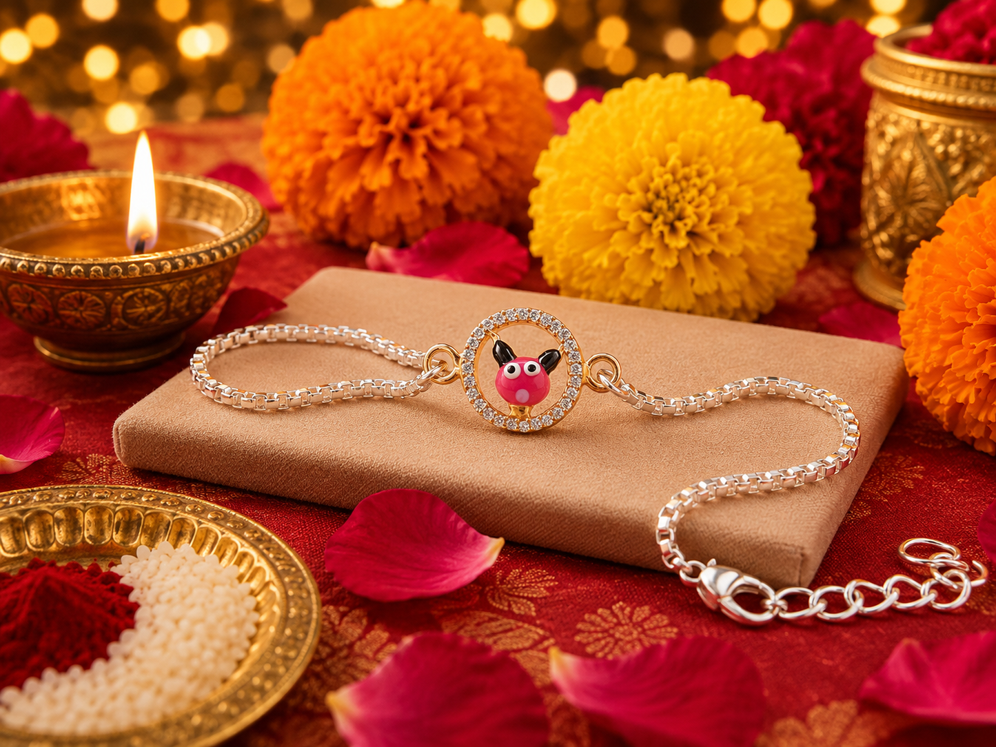 925 Pure Silver Pink Character Rakhi with Chain | Aryanz jewellery [kids]