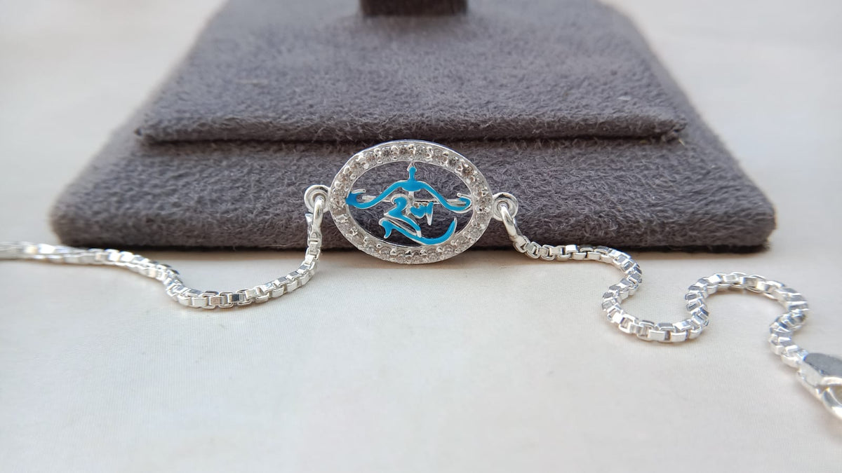 925 Silver Ram Rakhi with Blue Enamel & Crystal Detail