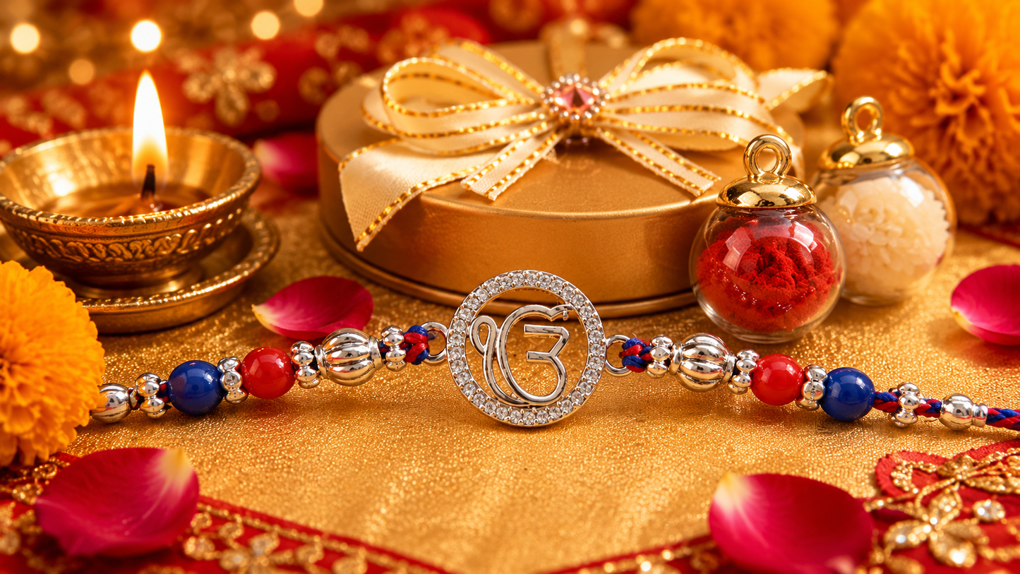 925 Silver EK OmKar Rakhi with Red Blue Beads & Clear Stone Detail