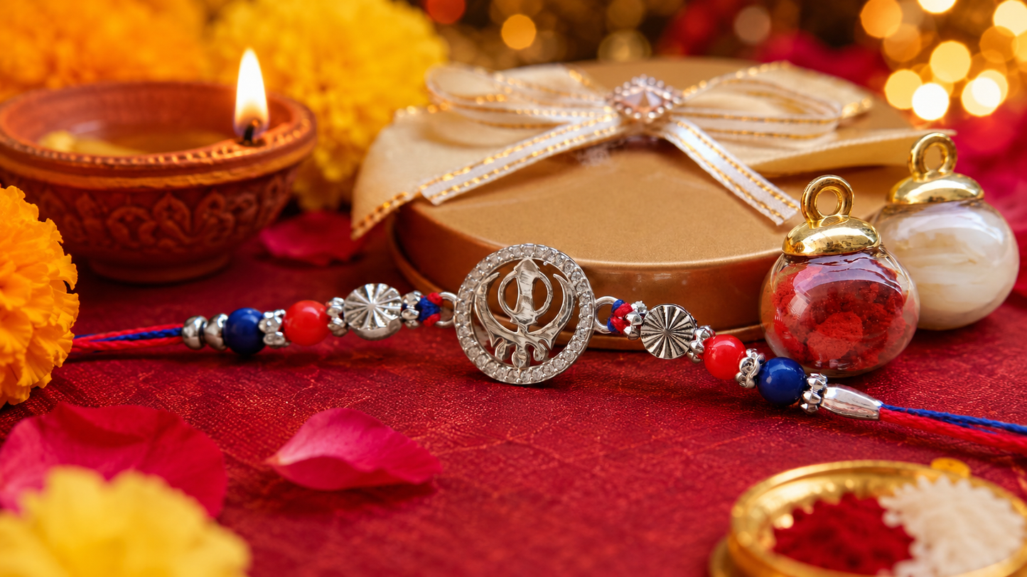 Khanda sahib Design Rakhi with Red & Blue Thread | Aryanz Jewellery