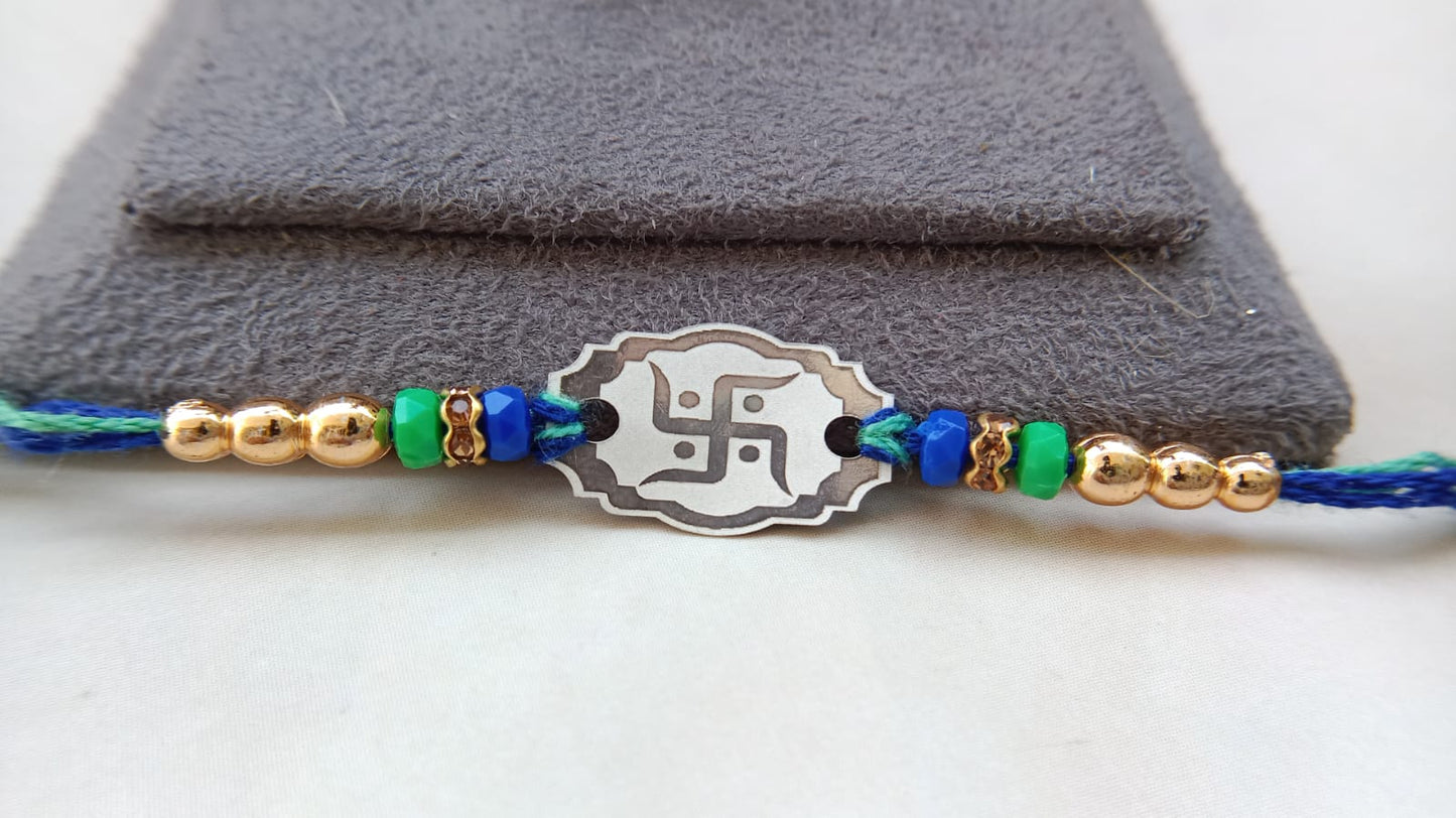 925 Pure Silver Swastik Rakhi with Blue & Green Beads