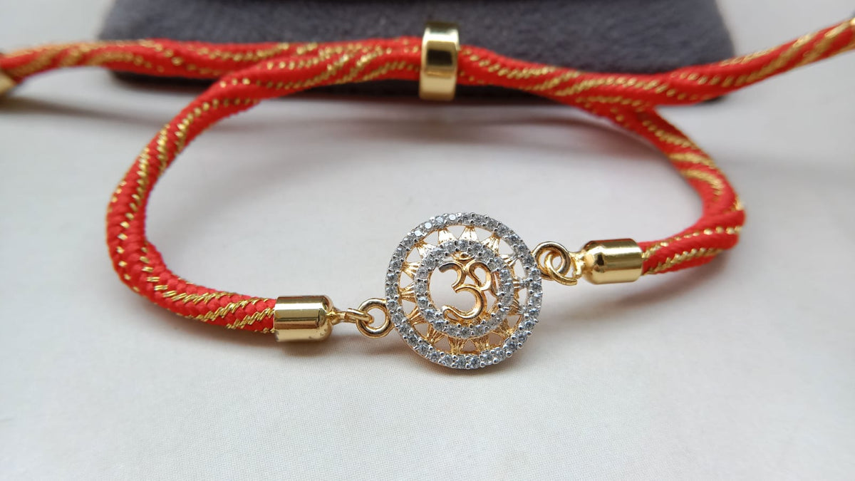 925 Pure Silver Om Rakhi | Premium Red & Gold Thread Rakhi for Brother