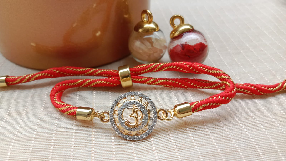 925 Pure Silver Om Rakhi | Premium Red & Gold Thread Rakhi for Brother