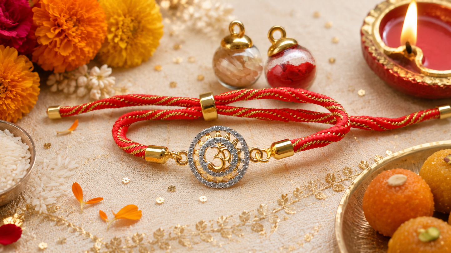 925 Pure Silver Om Rakhi | Premium Red & Gold Thread Rakhi for Brother