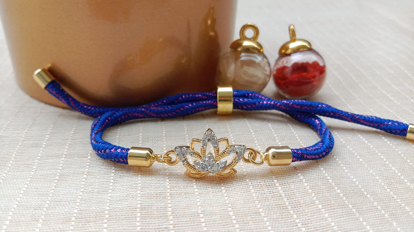 925 Pure Sterling Silver Lotus Rakhi Bracelet | Adjustable Blue Thread Rakhi