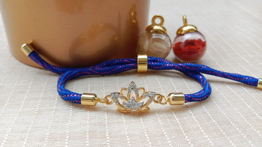 925 Pure Sterling Silver Lotus Rakhi Bracelet | Adjustable Blue Thread Rakhi