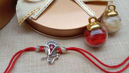 925 Sterling Silver Ganesha Rakhi with Red Stone