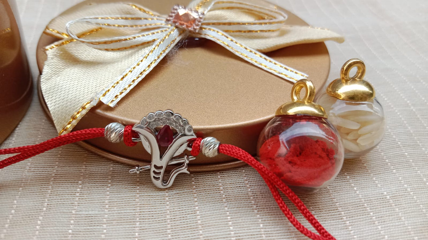 925 Sterling Silver Ganesha Rakhi with Red Stone