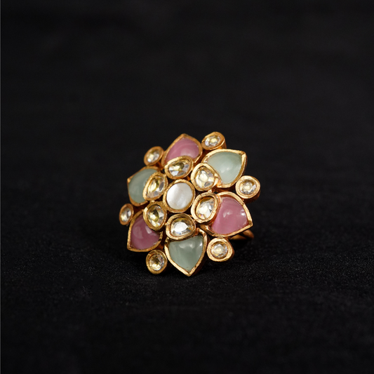 Gold Plated Pachi Kundan Ring in Pastel Multi-Color