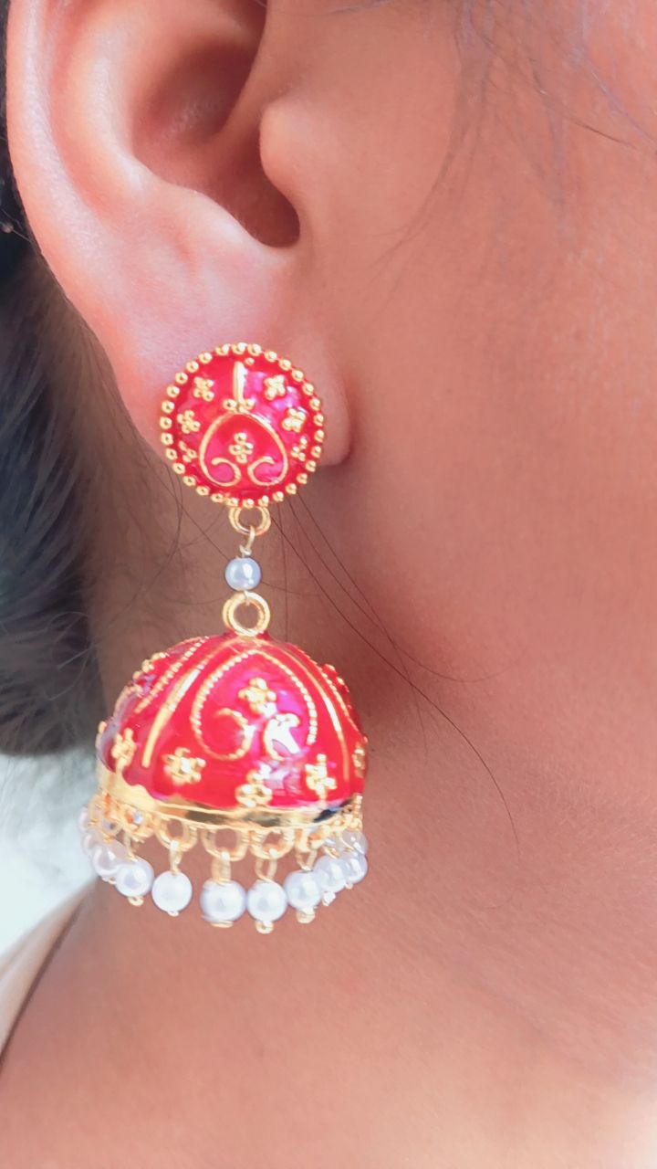 Hand-Painted Red Meenakari Jhumki Earrings with Pearl Drops | Gold Plated Traditional Ethnic Jewellery