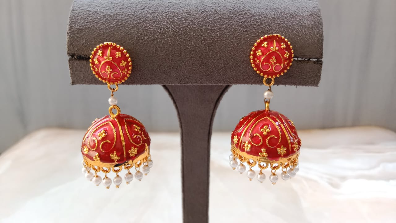 Hand-Painted Red Meenakari Jhumki Earrings with Pearl Drops | Gold Plated Traditional Ethnic Jewellery