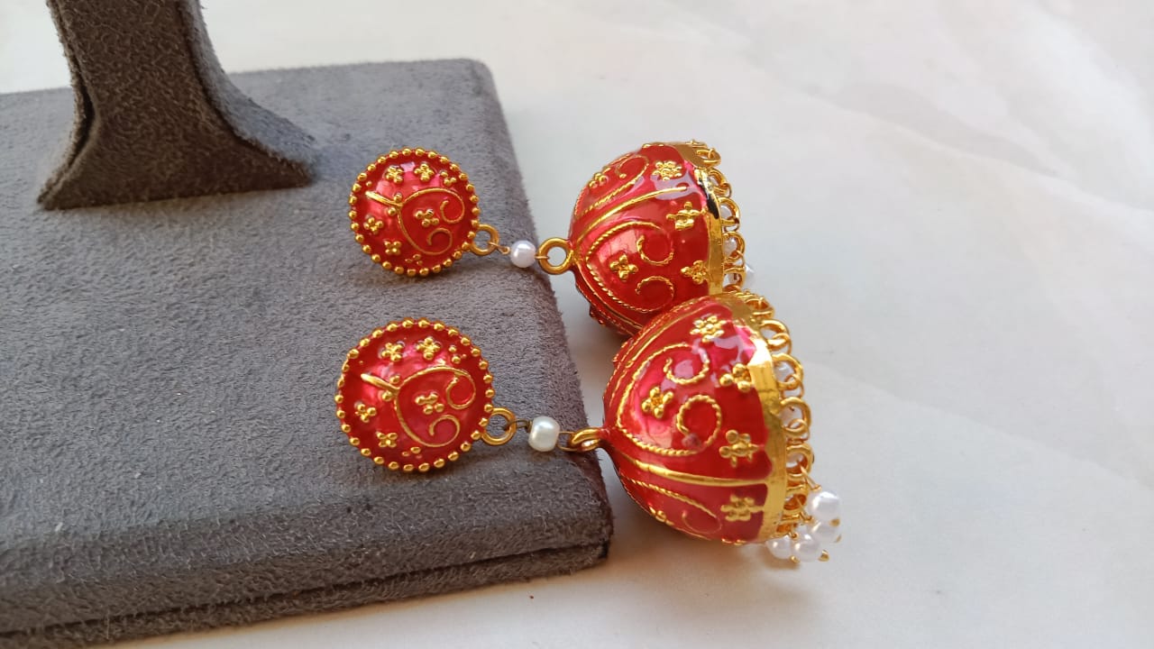 Hand-Painted Red Meenakari Jhumki Earrings with Pearl Drops | Gold Plated Traditional Ethnic Jewellery