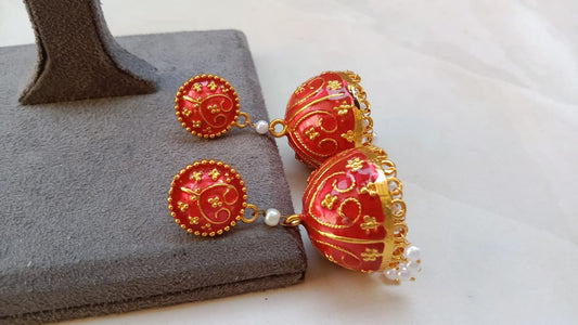 Hand-Painted Red Meenakari Jhumki Earrings with Pearl Drops | Gold Plated Traditional Ethnic Jewellery