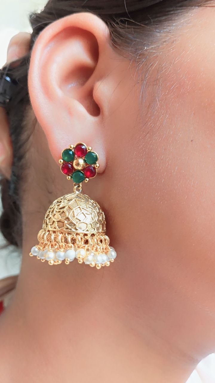 Traditional Gold Plated Jhumki Earrings with Pearl Drops & Multicolor Stone Studs | Designer Ethnic Jewellery