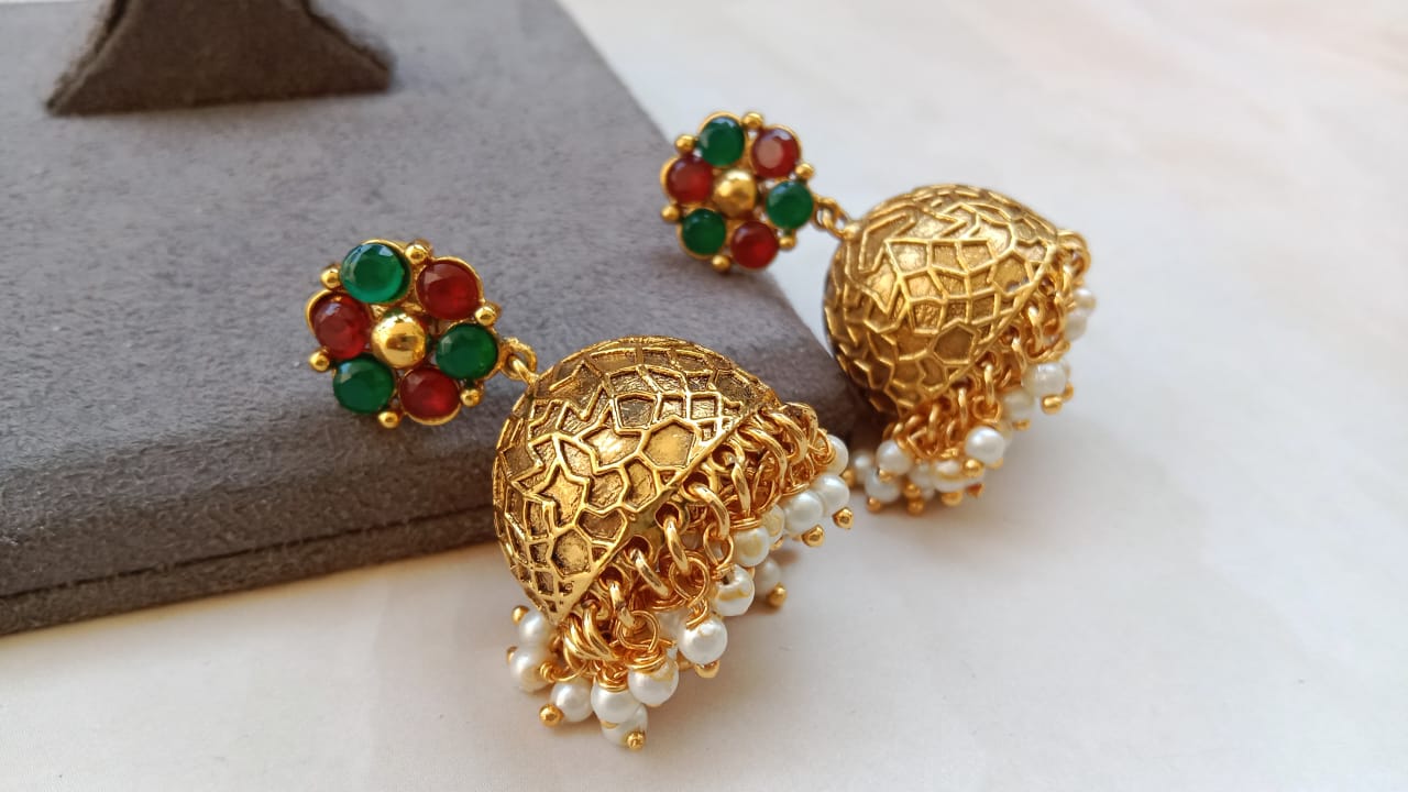 Traditional Gold Plated Jhumki Earrings with Pearl Drops & Multicolor Stone Studs | Designer Ethnic Jewellery