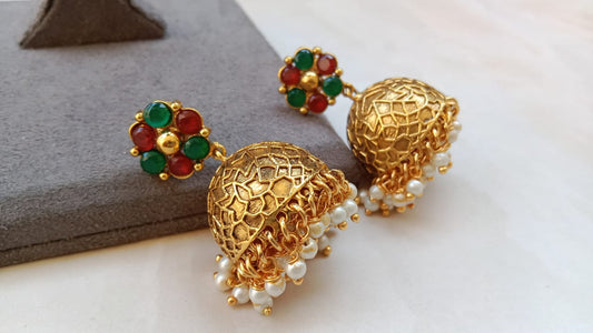 Traditional Gold Plated Jhumki Earrings with Pearl Drops & Multicolor Stone Studs | Designer Ethnic Jewellery