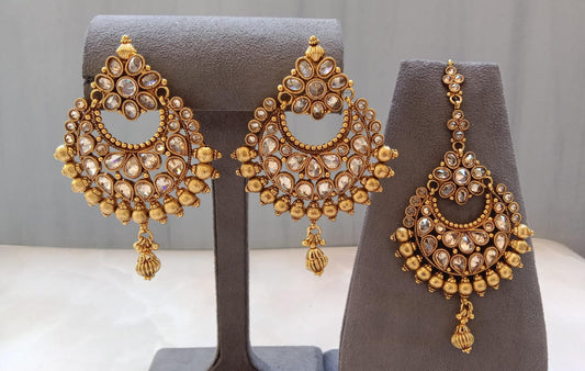 Golden Chandbali Earring Tikka Combo