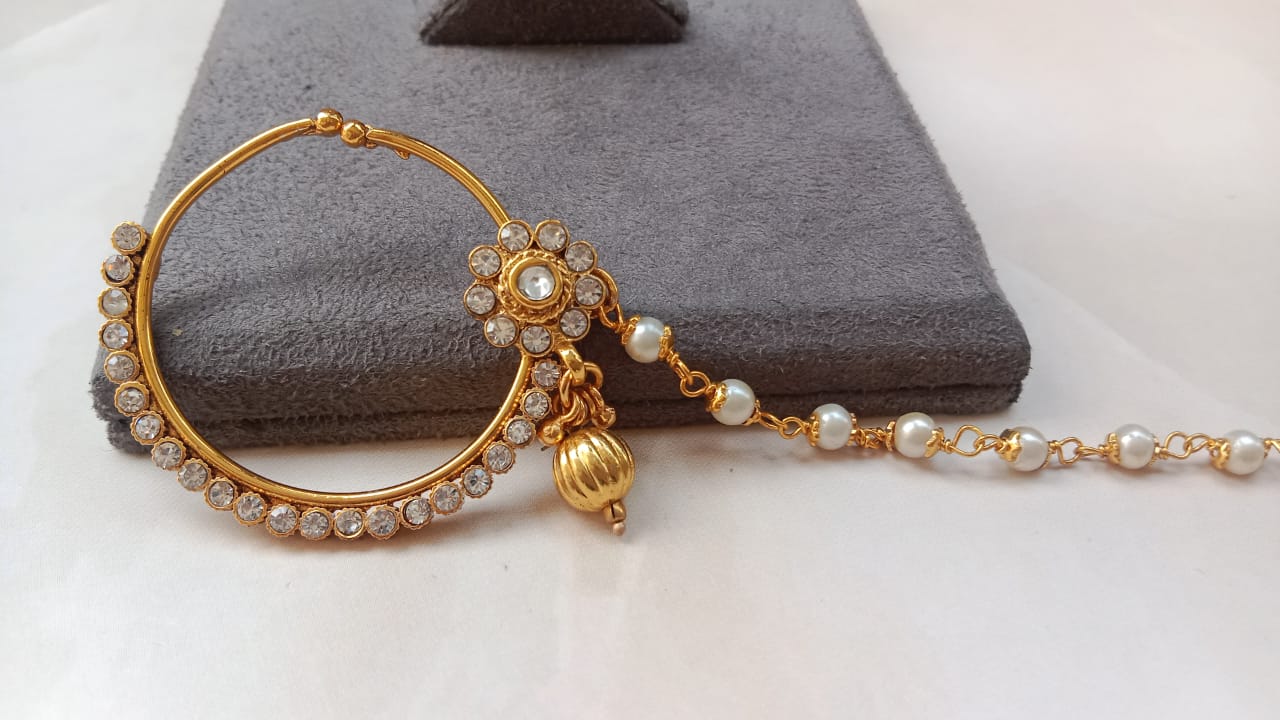 Gold-Plated Kundan Nose Ring with Pearl Chain & Floral Motif