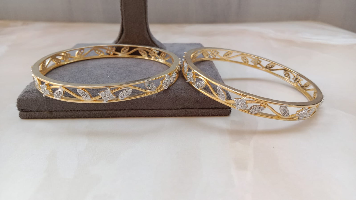 Gold Plated American Diamond Bangle Pair – Elegant Leaf Motif Design