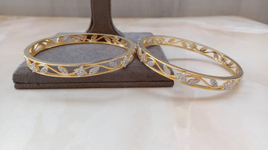 Gold Plated American Diamond Bangle Pair – Elegant Leaf Motif Design