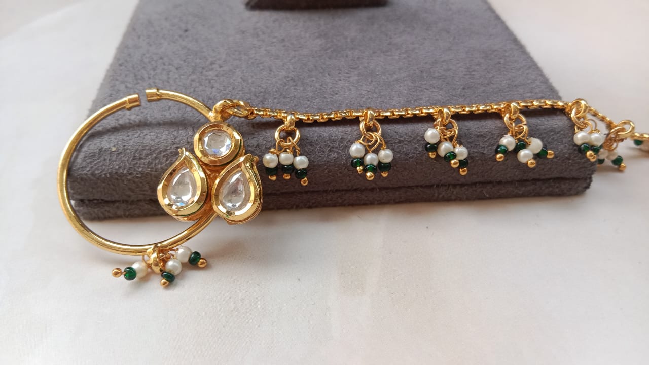 Gold-Plated Kundan Nath with Pearl & Green Bead Latkan Chain