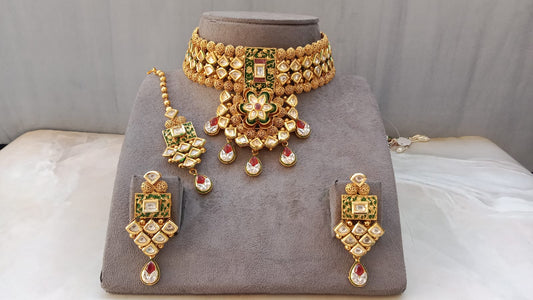 Royal Antique Gold Meenakari & Kundan Choker Bridal Set with Floral Pendant