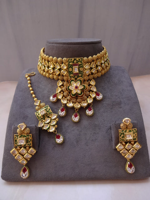 Royal Antique Gold Meenakari & Kundan Choker Bridal Set with Floral Pendant