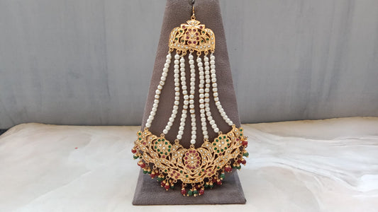 Jaadau Passa with Ruby & Green Stones, Pearl Drop & Layered Design