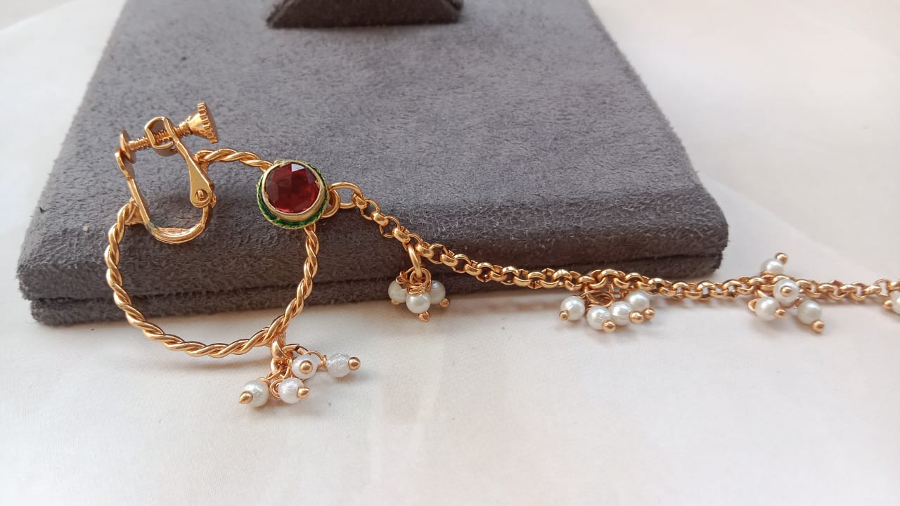Gold-Plated Clip-On Nath with Red Stone & Pearl Latkan Chain