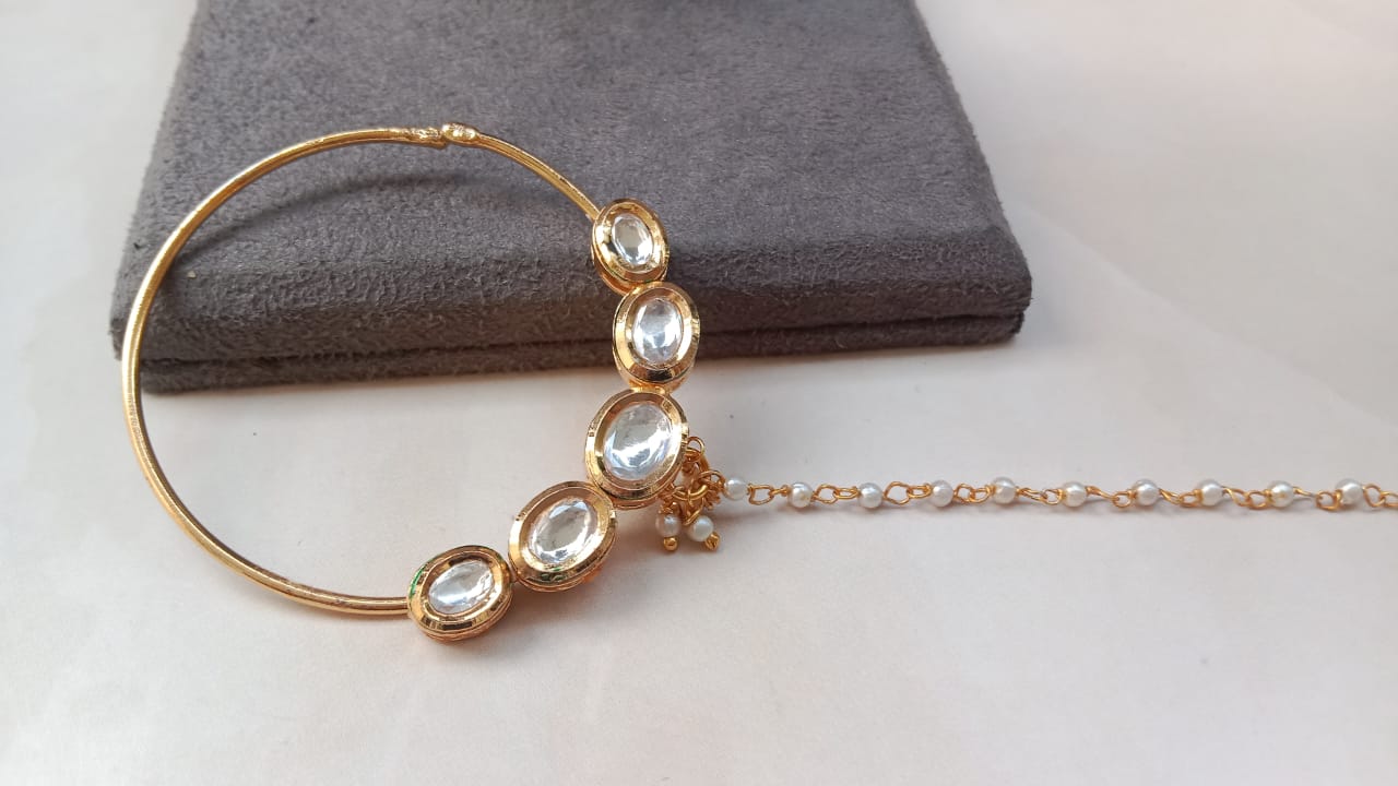 Gold-Plated Kundan Nose Ring with Designer Double Chain