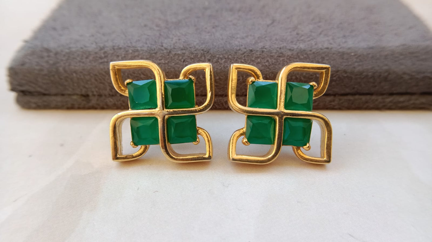 Geometric Quad-Stone Stud Earrings | Premium Gold & Rodium Finish
